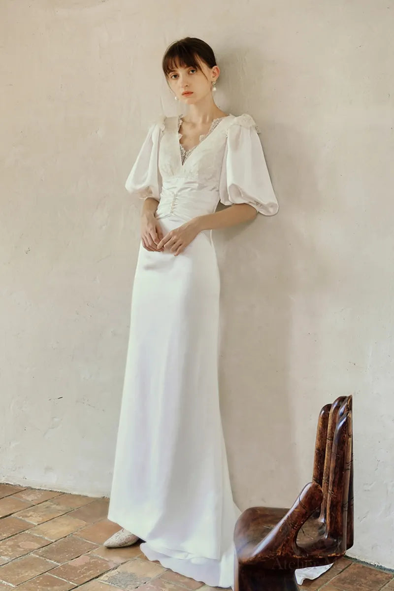 Elegant vintage silk satin wedding dress with lace for a civil ceremony