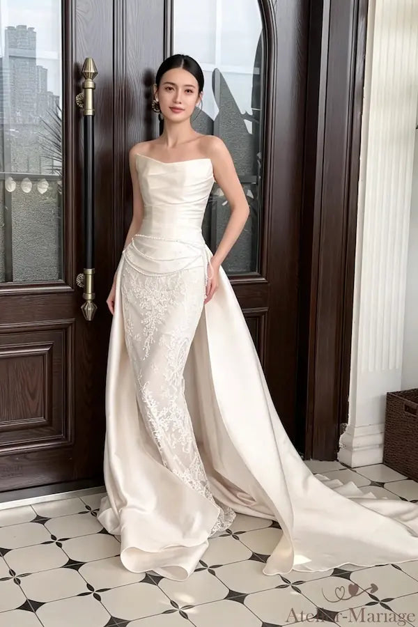 Robe de mariée sirène bohème chic avec traîne en satin amovible