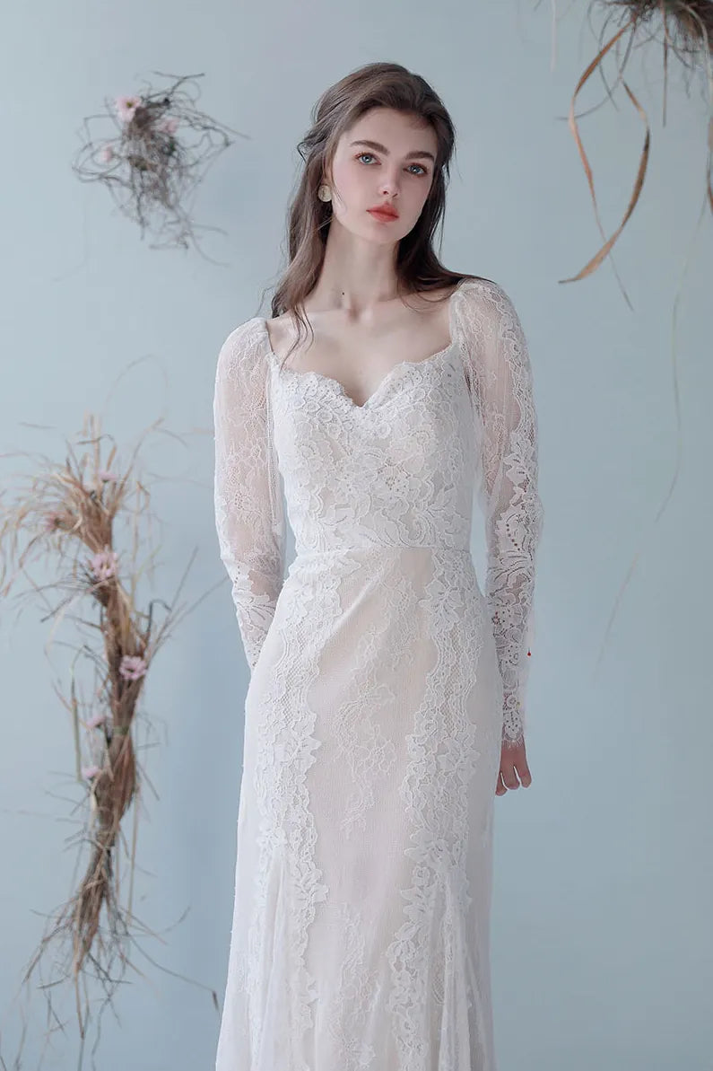 Robe de mariée manches longues dentelle transparente style bohème chic