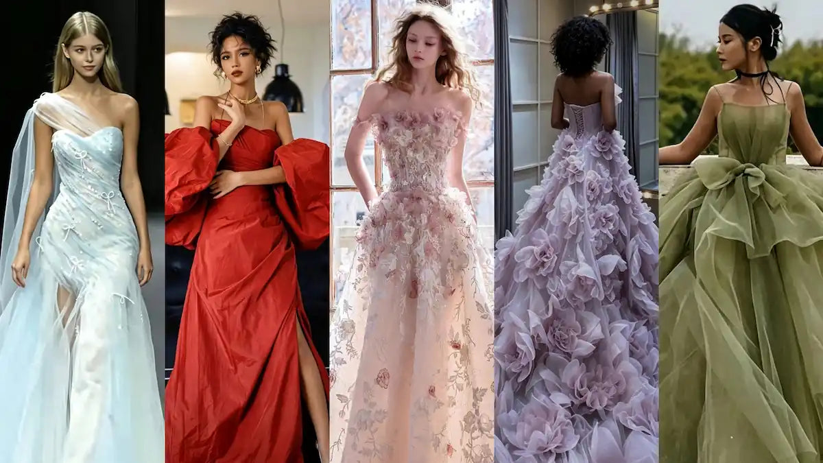 Collage des tendances 2027 : robes de mariée colorées en bleu glacier, lilas, vert sauge et rose blush, Atelier-Mariage.fr