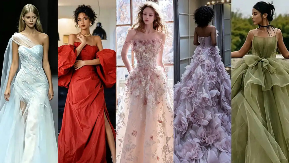 Collage des tendances 2027 : robes de mariée colorées en bleu glacier, lilas, vert sauge et rose blush, Atelier-Mariage.fr