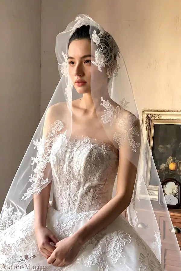 Mariée sérieuse en portrait, le voile en dentelle fleurie de 3 mètres se fond parfaitement avec l'encolure de la robe