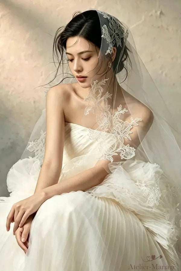 La mariée assise en lumière douce, portant le voile en dentelle de 3 mètres et une jupe plissée, mains jointes